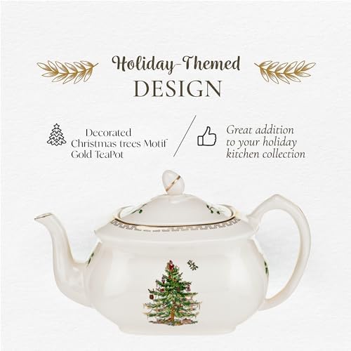 Spode Christmas Tree Gold Teapot - Elegant 36 Oz Porcelain Tea Pot with Infuser, Festive 22K Gold Accents, Christmas Tree Design - Dishwasher Safe Teapot for Holiday Tea Parties and Gifts - Image 4