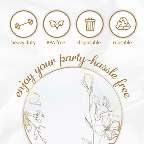 [10'' Plates 40 Count] White Plastic Floral Design Party Dinner Plates With Gold Rim Premium heavyweight Elegant Disposable Tableware Dishes - Image 7