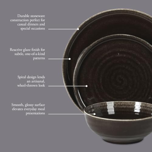 Gibson Elite Eclipse Swirls Plates and Bowls Sets, 12-Piece Stoneware Dinnerware Sets, Reactive Glaze Dish Set - Black - Image 3