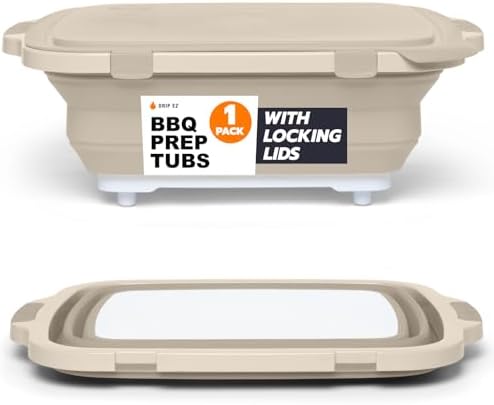 Drip EZ Collapsible BBQ Prep Tub - For Meal Prep, Marinating, Food Storage - Includes Cutting Board & Locking Lid - (1) OG - Sandstone by DripEZ