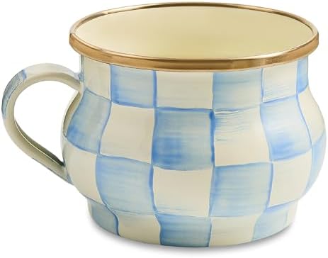 MACKENZIE-CHILDS Enamel Teacup, Unique Coffee and Tea Mug, Enamel Cup for Hot Tea, 10 Ounces, Light-Blue-and-White Sky Check by Unknown