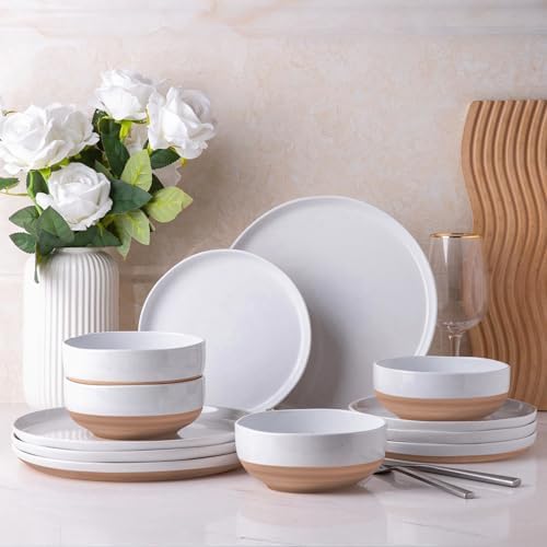 AmorArc Dinnerware Sets for 4, 12 Pieces Ceramic Plates and Bowls Set by AmorArc