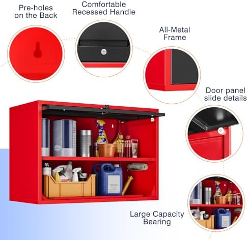 Yizosh Metal Garage Wall Cabinet with Doors and Shelves,Wall Mounted Metal Storage Cabinet, Floating Steel Tool Cabinet for Garage,Basement,Kitchen,Warehouse (Red Black,21.6" H) - Image 6