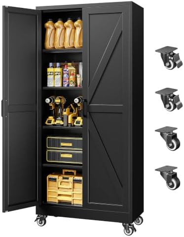 75"Metal Garage Storage Cabinets with Wheels & Adjustable 4 Shelves by LISSIMO