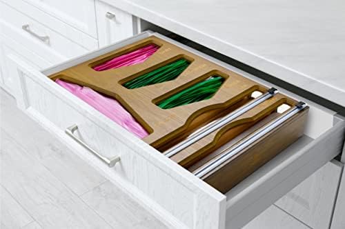 Bamboo Food Bag Organizer with Foil and Plastic Wrap Organizer, Kitchen Drawer Organizer, Wrap Dispenser with Cutter, for Gallon, Quart, Sandwich, Snack Bags and 12" Roll (Vintage Brown) - Image 2