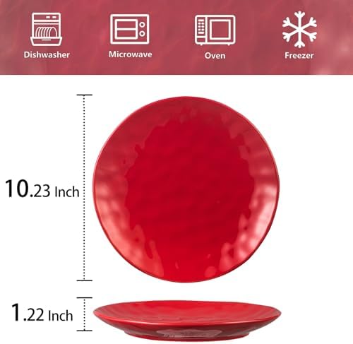 vicrays Ceramic Dinner Plates Set, 10 Inch, Microwave, Oven, Dishwasher Safe, Round, Porcelain Fluted Suitable for Steak, Pasta, Pizza, Home, Restaurant - Set of 6 Red - Image 4
