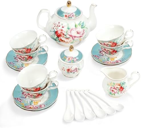 fanquare 21 Piece Vintage Green Floral Porcelain Tea Set for Adults by fanquare