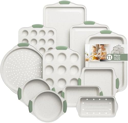 11-Piece Non-Toxic Baking Set, Stackable Nonstick Cookware, White&Green by SlowSLog
