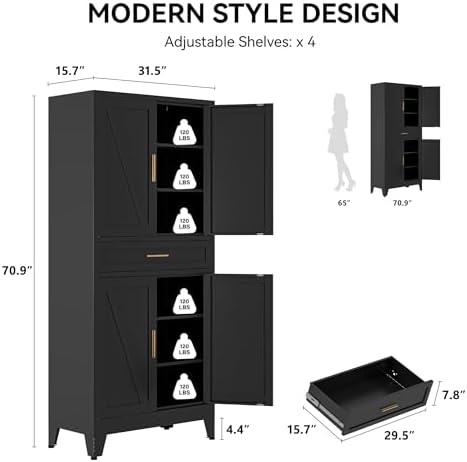 COFaR 71" Metal Pantry Cabinet with Drawer, Black Storage Cabinet with Adjustable Shelves, 3-Section Industrial Cupboard for Kitchen & Office - Image 2