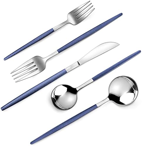 VANVRO Mirror Silver Blue Silverware Set, 20-Piece Stainless Steel Flatware Set, Satin Finish tableware Cutlery Set, Service for 4, Home and Restaurant, Dishwasher Safe by VANVRO