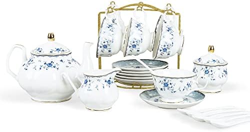 fanquare 15 Piece British Blue Rose Porcelain Tea Set by fanquare
