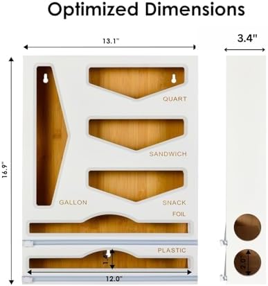 Bamboo Food Bag Organizer with Foil and Plastic Wrap Organizer, Kitchen Drawer Organizer, Wrap Dispenser with Cutter, for Gallon, Quart, Sandwich, Snack Bags and 12" Roll (White) - Image 5