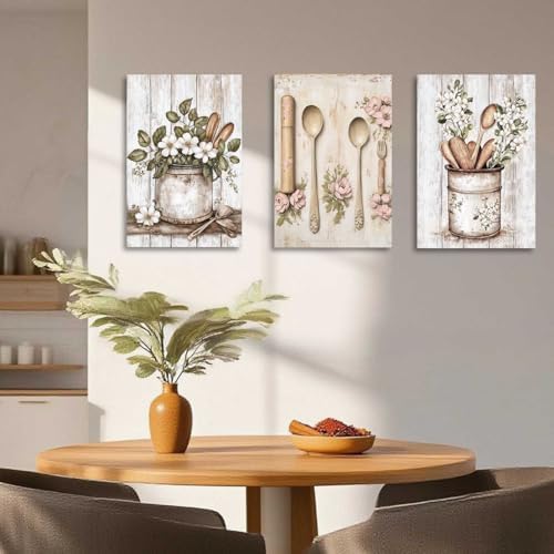 YMXDYMJSW Vintage Kitchen Wall Art 3 Piece Kitchenware Pictures Fork Knife Spoon Floral Canvas Print Farmhouse Floral Tableware Painting for Dining Room Home Decor (Beige, (12.00" x 16.00" x 3PCS)) - Image 5