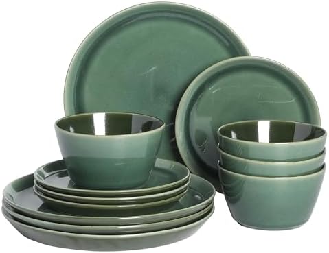 Gibson Elite 12 Piece (Service for 4) Fern Canyon Plates and Bowls Reactive Glaze Modern Coupe Round Dishes Stoneware Ceramic Dinnerware Set - Glossy Green by GibsonHomewares