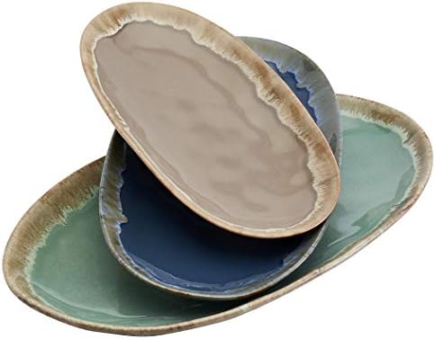 Tabletops Gallery Tuscan Collection Reactive Glaze 3 Piece Oval Stoneware Serving Trays Platters Kitchen Serveware, Blue Teal Green Brown by TabletopsGallery