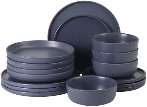 Gibson Elite Bayou Moon Plates and Bowls Sets, 16-Piece Blue Matte Stoneware Dinnerware Sets, Solid Color Reactive Glaze Dish Set by GibsonHomewares