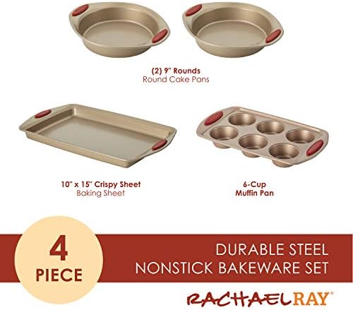 Rachael Ray Cucina Bakeware Set Includes Nonstick Cake Cookie Baking Sheet and Muffin Cupcake Pan, 4 Piece, Latte Brown with Cranberry Red Grips - Image 2