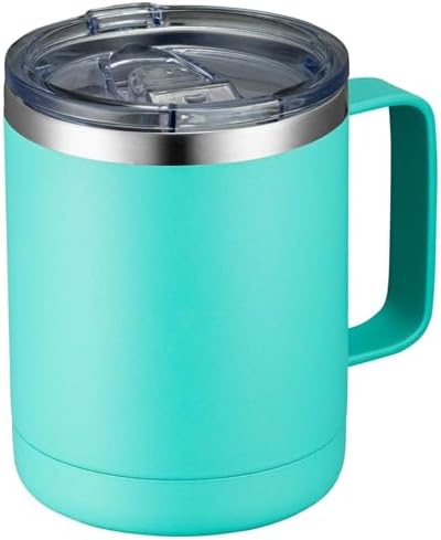MEWAY 12oz Coffee Mug With Handle and Sliding Lid,Stainless Steel Travel Tumbler Cup with Handle,Double Wall Vacuum Insulated Camping Cup for Hot & Cold Drinks Tea (Light Green,Set of 1) by MEWAY