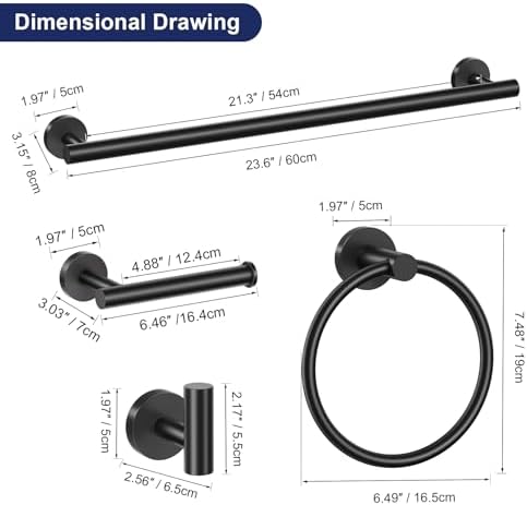 Lairuier 5-Piece Bathroom Hardware Set, Matte Black Towel Bar Wall Mounted - Image 7