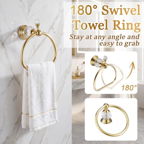 4 Pcs Polished Gold Crystal Bathroom Accessories Set with Adjustable Towel Bar & Semicircular Towel Ring & Toilet Paper Holder & Robe Hook, Luxury Vintage Bath Hardware Fixture Set (style 9) - Image 3