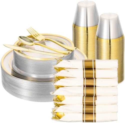 realluck 350PCS Clear Gold Plastic Dinnerware Set for 50 Guests, Disposable Party Plate for Wedding Party, Include: 100 Plastic Plates, 50 Pre Rolled Napkins with Silverware, 50 Cups by Realluck