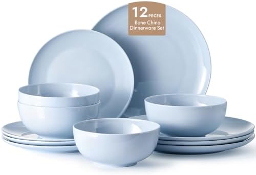 KINGSTONE 12-Piece Bone China Dinnerware Set for 4, Misty Blue by KINGSTONE