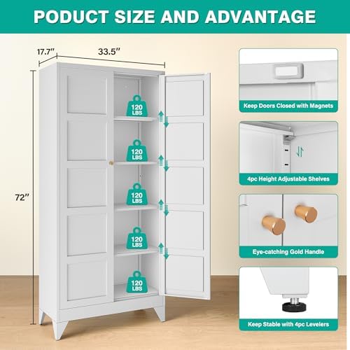 SISESOL Wide & Deep Pantry Storage Cabinet with 2 Doors and 5 Shelves,72 inch Tall Metal Storage Cabinet,Large Cupboard,White Cabinets for Home,Kitchen,Bathroom,Dining/Living Room - Image 2