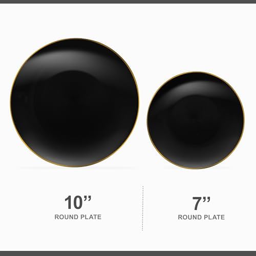 PLASTICPRO 64 Piece Combo Plate Set includes 32-7'' inch & 32-10'' inch Dinner Plates Black Plastic With Gold Rim Design Party Plates, Premium heavyweight Elegant, Disposable Plastic Construction - Image 5