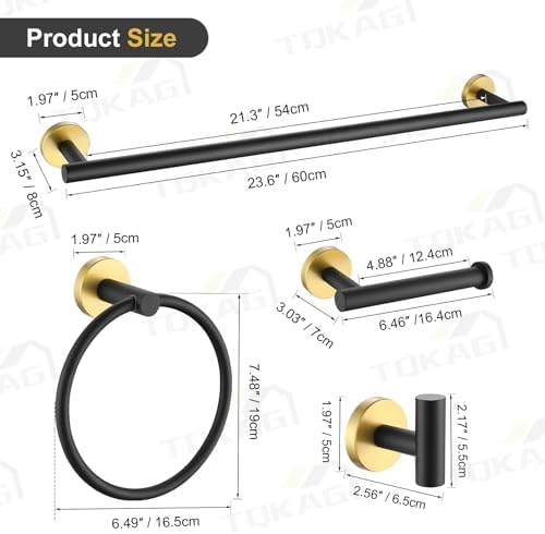 TQKAG Black and Gold Bathroom Hardware Accessories Set 10-Pieces, Premium SUS304 Stainless Steel Bathroom Towel Bar Holder Set 23.6 Inch Round Towel Racks for Bathroom Wall Mounted - Image 6