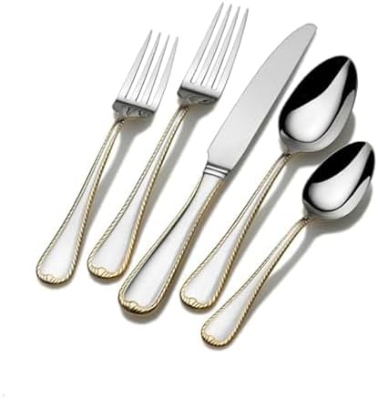 Mikasa Cameo Gold 65-Piece Flatware Set for 12, 18/10 Stainless Steel Silverware with 24-Karat Gold Accents, Teardrop Handles, Dishwasher Safe by Mikasa