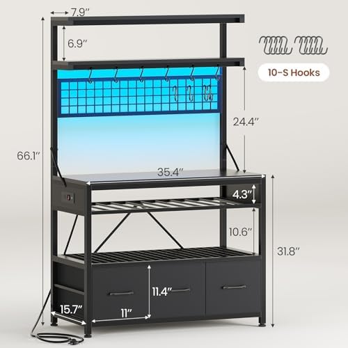 Itaar Bakers Rack with Storage and Power Outlet, 35.4 inch Coffee Bar Cabinet, Microwave Stand Kitchen Cabinet with Hutch, LED Lights, Wine Rack and Hooks (Black) - Image 2