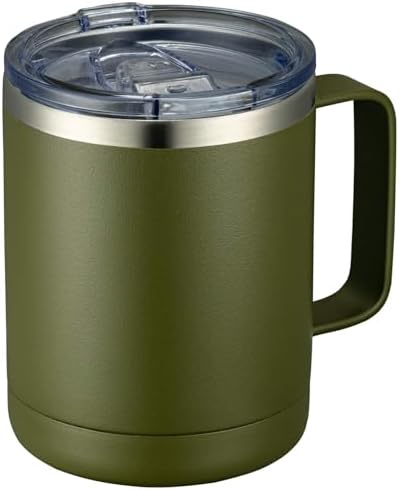 MEWAY 12oz Coffee Mug With Handle and Sliding Lid,Stainless Steel Travel Tumbler Cup with Handle,Double Wall Vacuum Insulated Camping Cup for Hot & Cold Drinks Tea (Army Green,Set of 1) by MEWAY
