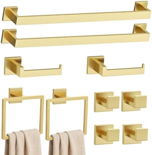 Brushed Gold Towel Bar Set 10-Piece Gold Bathroom Hardware Accessories Set,Stainless Steel Towel Rack Set for Bathroom Wall-Mounted,23.6-Inch by DUMDER