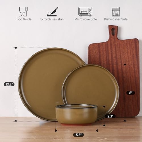 E-far Stoneware Dinnerware Sets for 6, 18 Pieces Reactive Glaze Plates and Bowls Sets, Elegant Dishes with Rustic Terracotta Clay Base, Dishwasher & Microwave Safe, Scratch Resistant, Deep Camel - Image 2