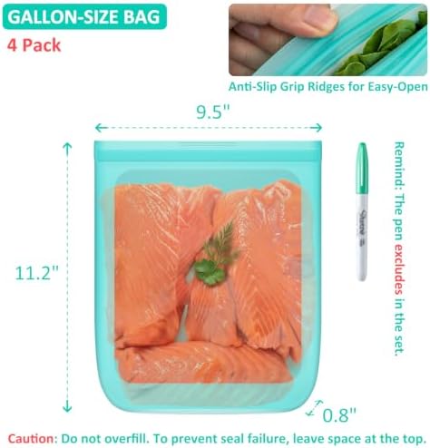 100% Silicone Reusable Gallon Freezer Bags, Ziplock, BPA Free, 4 Pack, Aqua - Image 3