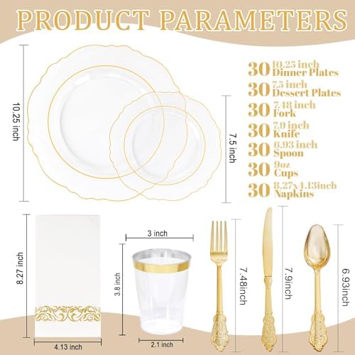 KIRE 210Pcs Clear Plastic Plates with Gold Rim for Wedding/Party - Image 6