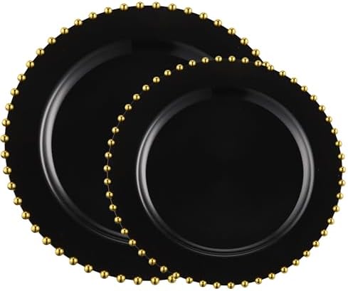 PLASTICPRO 128 Piece Combo Plastic Dinner Plates Disposable Plastic Fancy Heavy Duty Party Dishes 7 inch and 10 inch, Black and Gold Beaded - Image 6