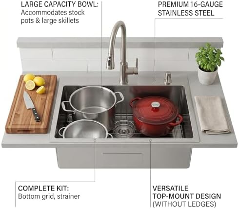 VAPSINT 28 Inch Drop in Kitchen Sink, 28x18 Inch Top Mount 16 Gauge Commercial T304 Stainless Steel Sink for Kitchen, 9 Inch Deep Handmade Single Bowl Basin Laundry Utility Wet Prep Sink, Fregadero - Image 4