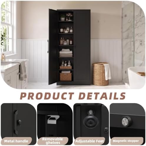 KAER Metal Storage Cabinet with Lock, 72" Steel Lockable Garage Storage Cabinet with 2 Doors & 5 Adjustable Shelves, Black Freestanding Tool Storage Cabinet for Garage, Home Office, Warehouse, Kitchen - Image 6