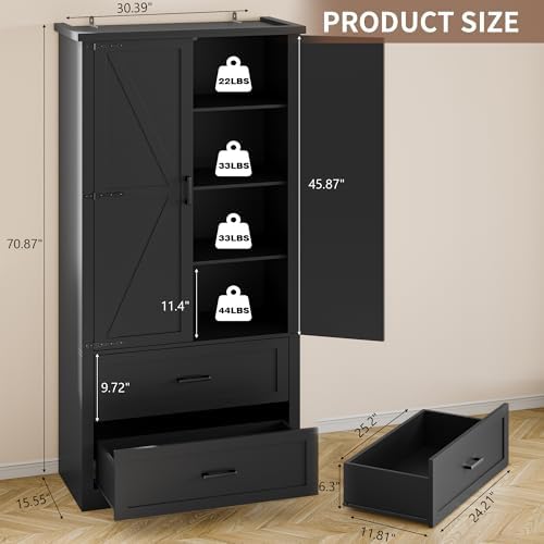 BORNOON Pantry Organizers and Storage Cabinet, 71” Barn Door Black Kitchen Cabinet with Drawers and Adjustable Shelf, Tall Pantry for Kitchen, Dining Room, Living Room, Bathroom and Office - Image 2