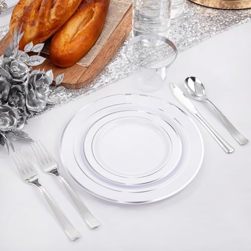 WELLIFE 300Pcs Silver Elegant Plastic Dinnerware Set for 50 Guests - Premium Disposable Party Supplies Includes Dinner Plates, Salad Plates, Cups & Flatware Set for Wedding, Anniversary, Banquet - Image 6