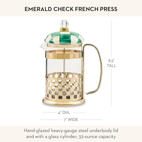 MACKENZIE-CHILDS Coffee French Press, Green-and-White Emerald Check - Image 4