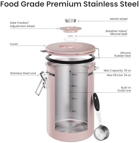 Veken Coffee Canister,39OZ, 2.2lbs,Large Airtight Stainless Steel Container - Image 4