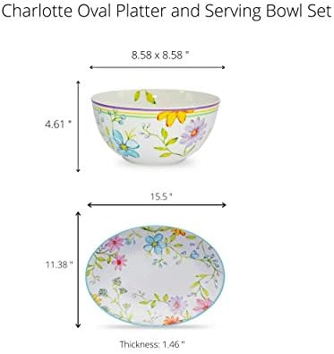 Charlotte Collection 15" Oval Platter and 9" Fruit/Vegetable Bowl, Multicolor Watercolor Floral/Garden Design, 2 Piece Stoneware Serving Set - Image 2