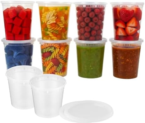 24oz [20 set] Heavy Duty Plastic Deli Container | BPA-Free Food Storage with Airtight Leak‑Proof Lids | Microwave, Freezer & Dishwasher Safe – Stackable, Bulk Reusable Soup & Meal Prep Tub by ProTakeOut