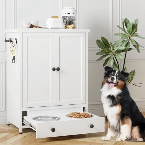 Dog Feeding Station with Storage, Metal Dog Food Storage Cabinet with 2 Elevated Bowls and 3 Hooks, Pet Feeding Station and Dogs Food Storage Organizer by Fmlud