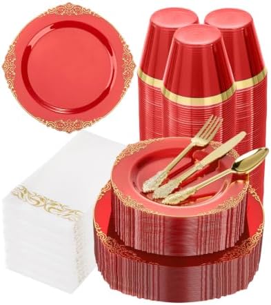 Bestluck 350PCS Clear Red Plastic Plates for 50 Guests by Bestluck