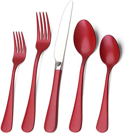 Red Silverware Set, Bysta 20-Piece Stainless Steel Flatware Set, Kitchen Utensil Set Service for 4, Tableware Cutlery Set for Home and Restaurant, Knives mirror polish, Dishwasher Safe by Bysta