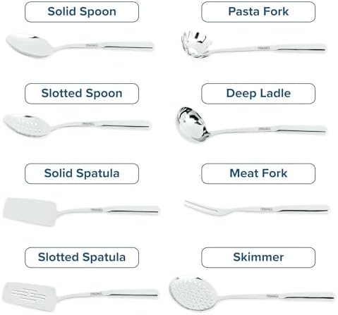 Viking Kitchen Utensils Set, 8 Piece Stainless Steel Cooking Utensil Set, Includes Spatulas, Spoons, Pasta Fork, Deep Ladle, Meat Fork, and Skimmer, Silver - Image 4