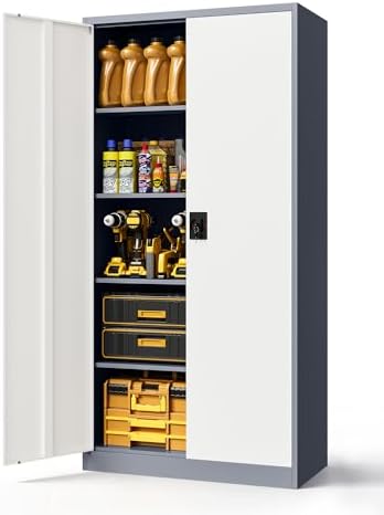 Metal Tool Storage Cabinet,Lockable File Cabinet with 2 Doors and 5 Adjustbale Shelves,Tall Cabinets for Garage Storage Systems for Home Office,Garage,Workshop by LISSIMO